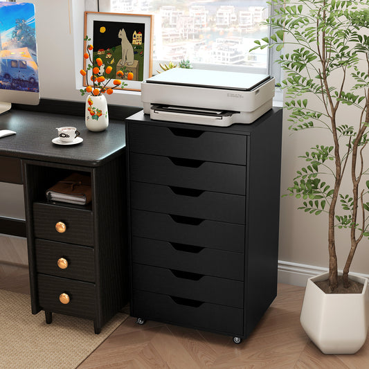 7-Drawer Wooden Storage Dresser With Lockable Wheels, Black File Cabinets Black at Gallery Canada