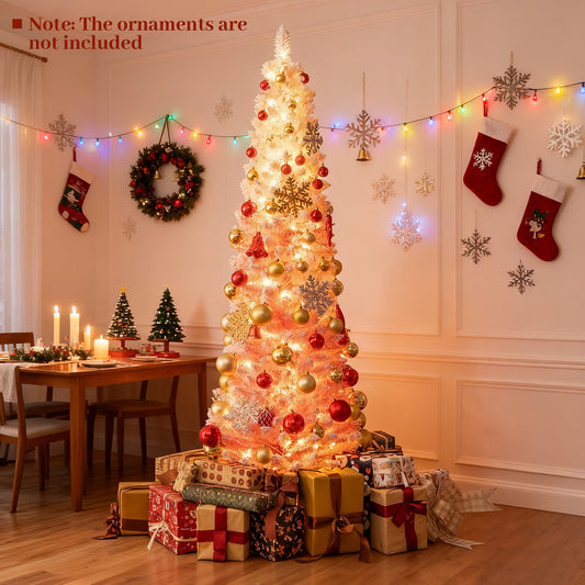 7 FT Snow-Flocked Artificial Christmas Tree, Pre-Lit Hinged, Pink Christmas Tree Pink at Gallery Canada