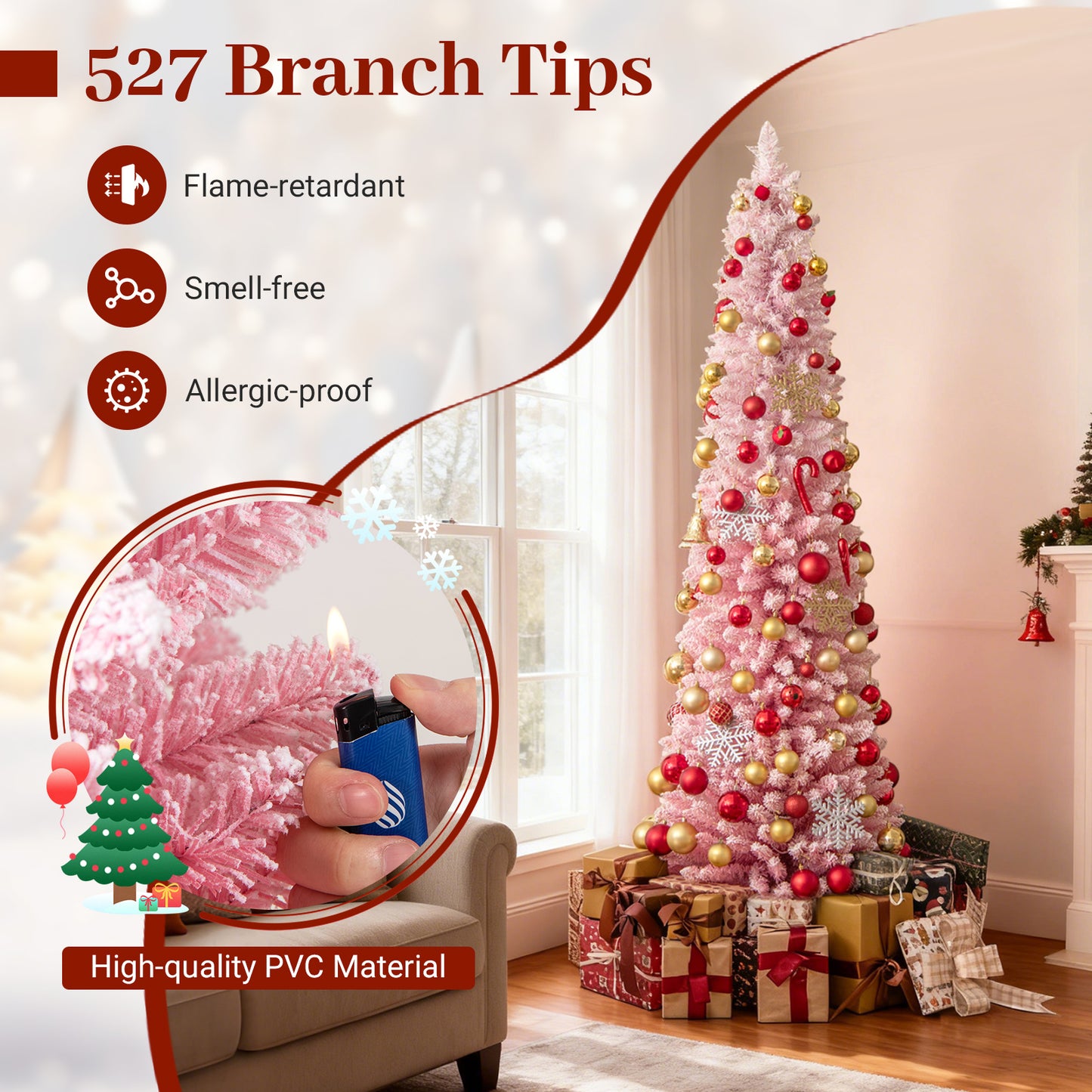 7 FT Snow-Flocked Artificial Christmas Tree, Pre-Lit Hinged, Pink Christmas Tree at Gallery Canada