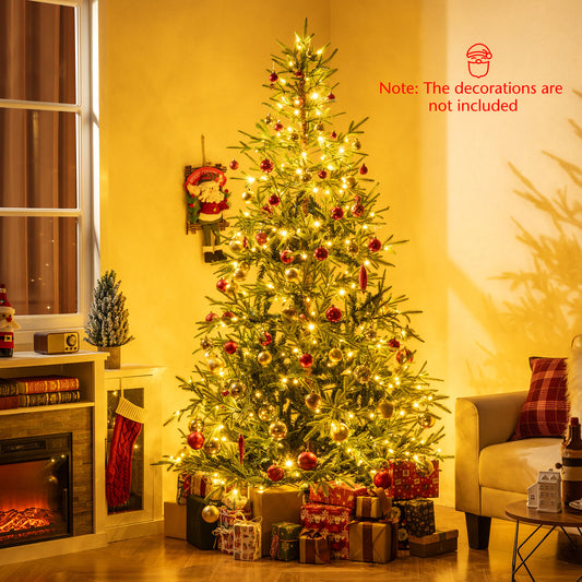 7 FT Pre-Lit Artificial Christmas Tree Hinged Xmas Tree with 300 Warm White & Multicolored LED Lights