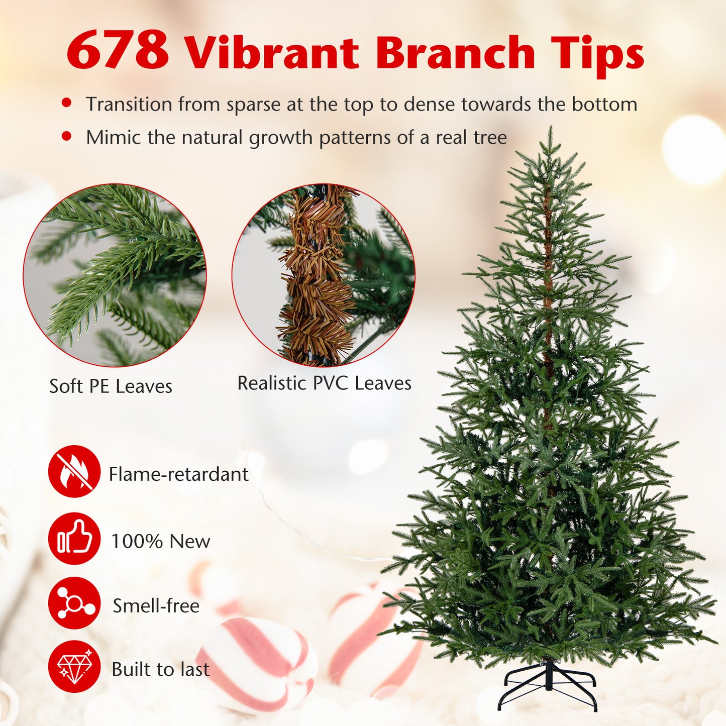 7 FT Pre-Lit Artificial Christmas Tree Hinged Xmas Tree with 300 Warm White & Multicolored LED Lights