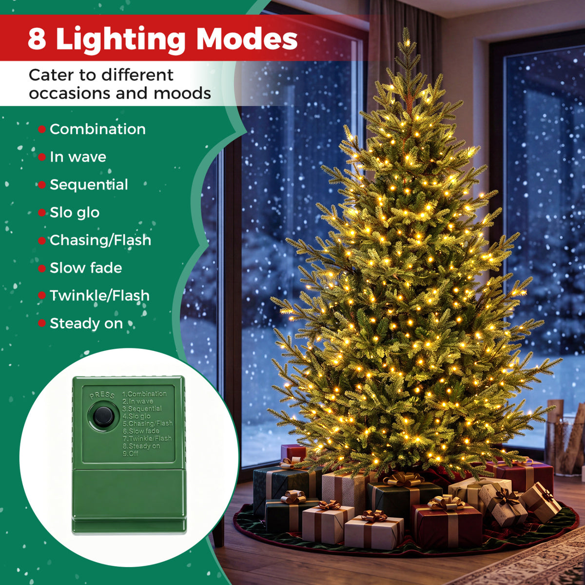 Sapin de Noël artificiel pré-éclairé de 7 pieds, 340 lumières LED blanc chaud, vert