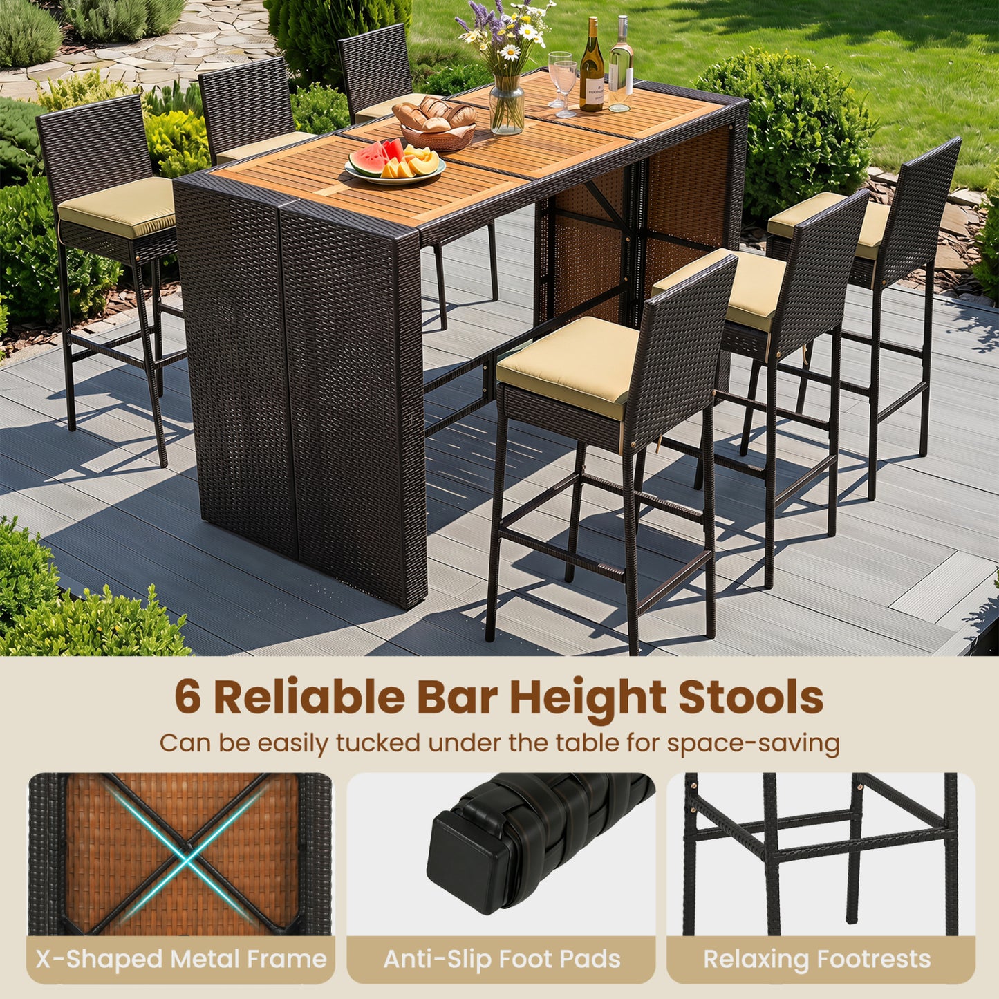 7-Piece Outdoor Wicker Bar Set With Cushioned Stools, Brown