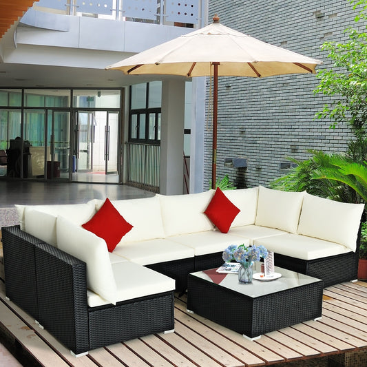 7-Piece Outdoor Sectional Wicker Patio Sofa Set, Beige Outdoor Sectionals Beige at Gallery Canada