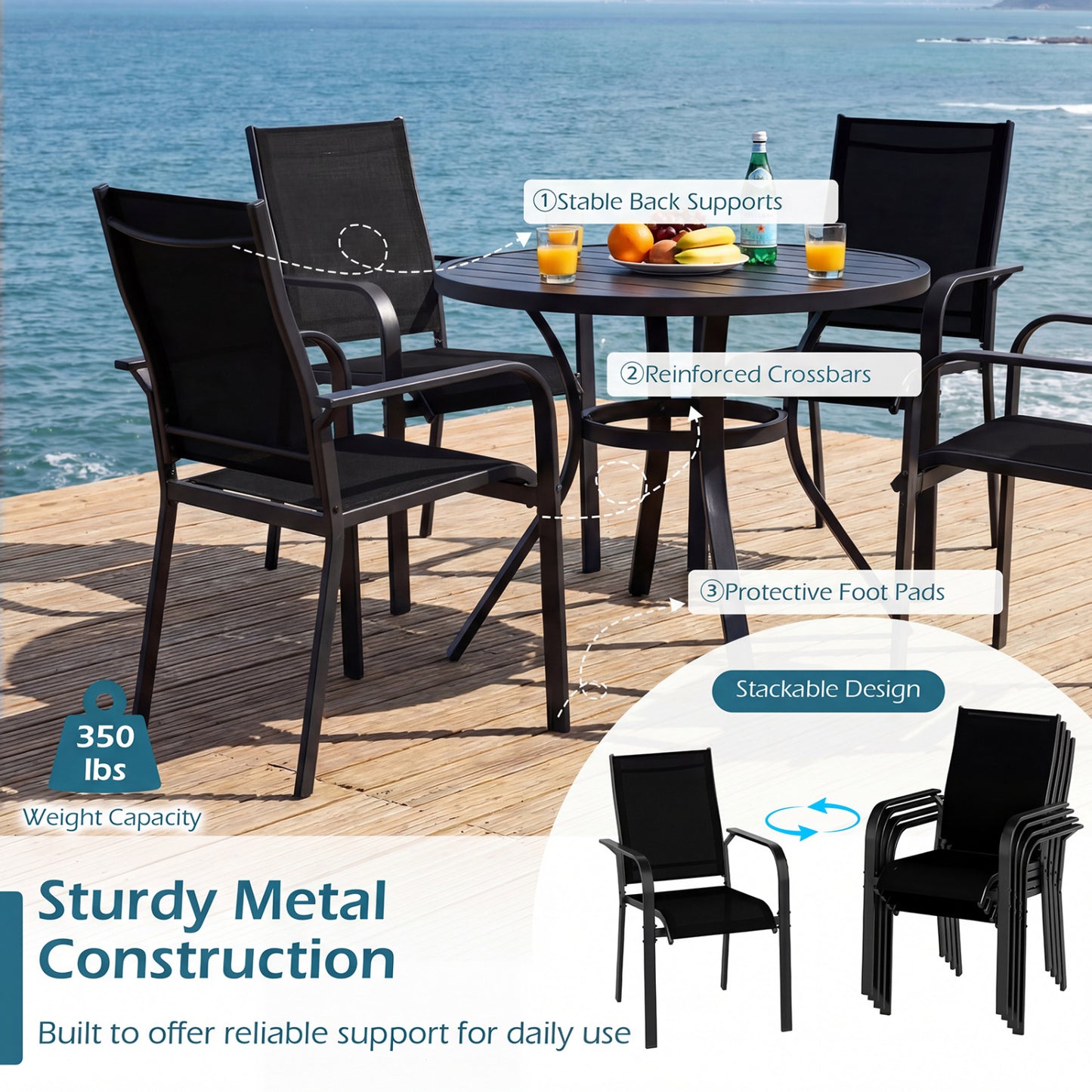 7-Piece Patio Dining Set, 6 Seats, Metal Table & Mesh Armchairs, Black Patio Dining Sets at Gallery Canada