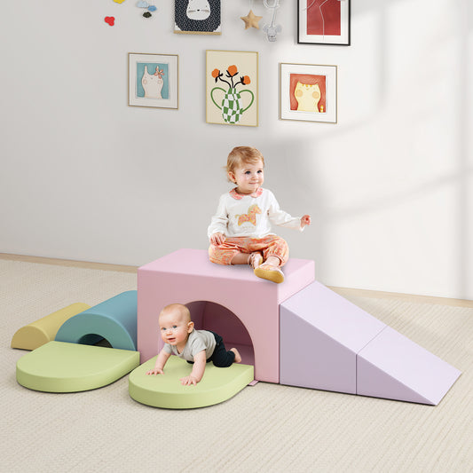 7-Piece Soft Foam Toddler Climbing Blocks Set PU Leather for 1+ Year Old, Light Pink