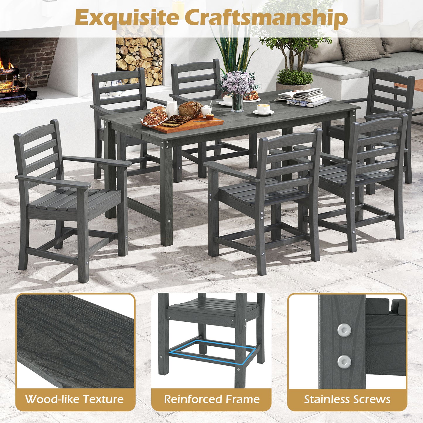 7 Piece Outdoor Dining Set, 67 Inch HDPE Table and 6 Armchairs, Gray Patio Dining Sets at Gallery Canada