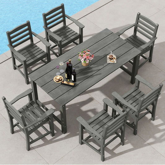 7 Piece Outdoor Dining Set, 67 Inch HDPE Table and 6 Armchairs, Gray Patio Dining Sets Gray at Gallery Canada