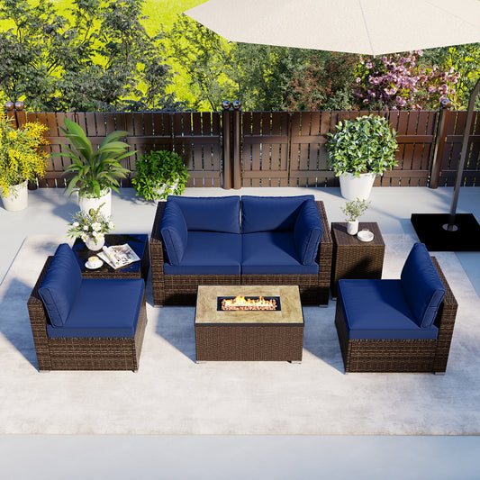7 Piece Outdoor Furniture Set, 32 Inch Fire Pit Table, Navy Patio Furniture Sets Navy at Gallery Canada