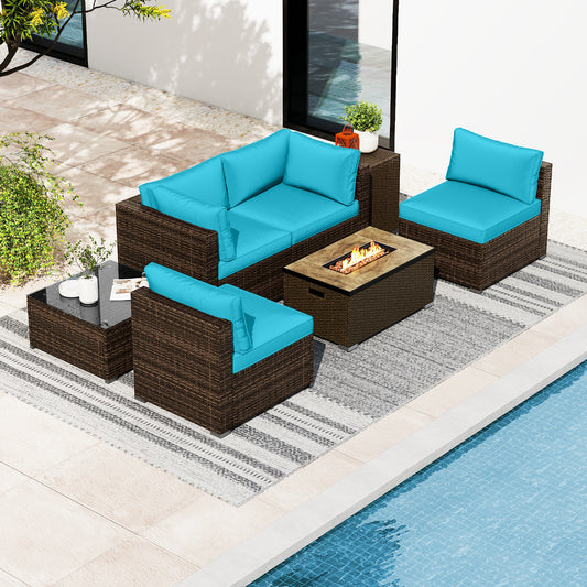7 Piece Outdoor Furniture Set, 32 Inch Fire Pit Table, Turquoise