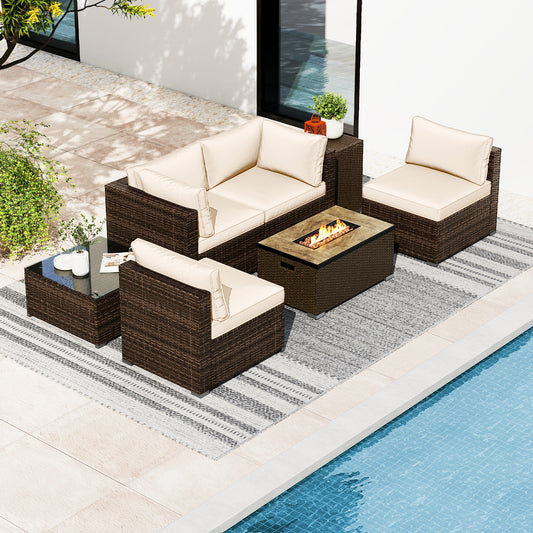 7-Piece Outdoor Furniture Set, 32 Inch Fire Pit Table, White Patio Furniture Sets White at Gallery Canada