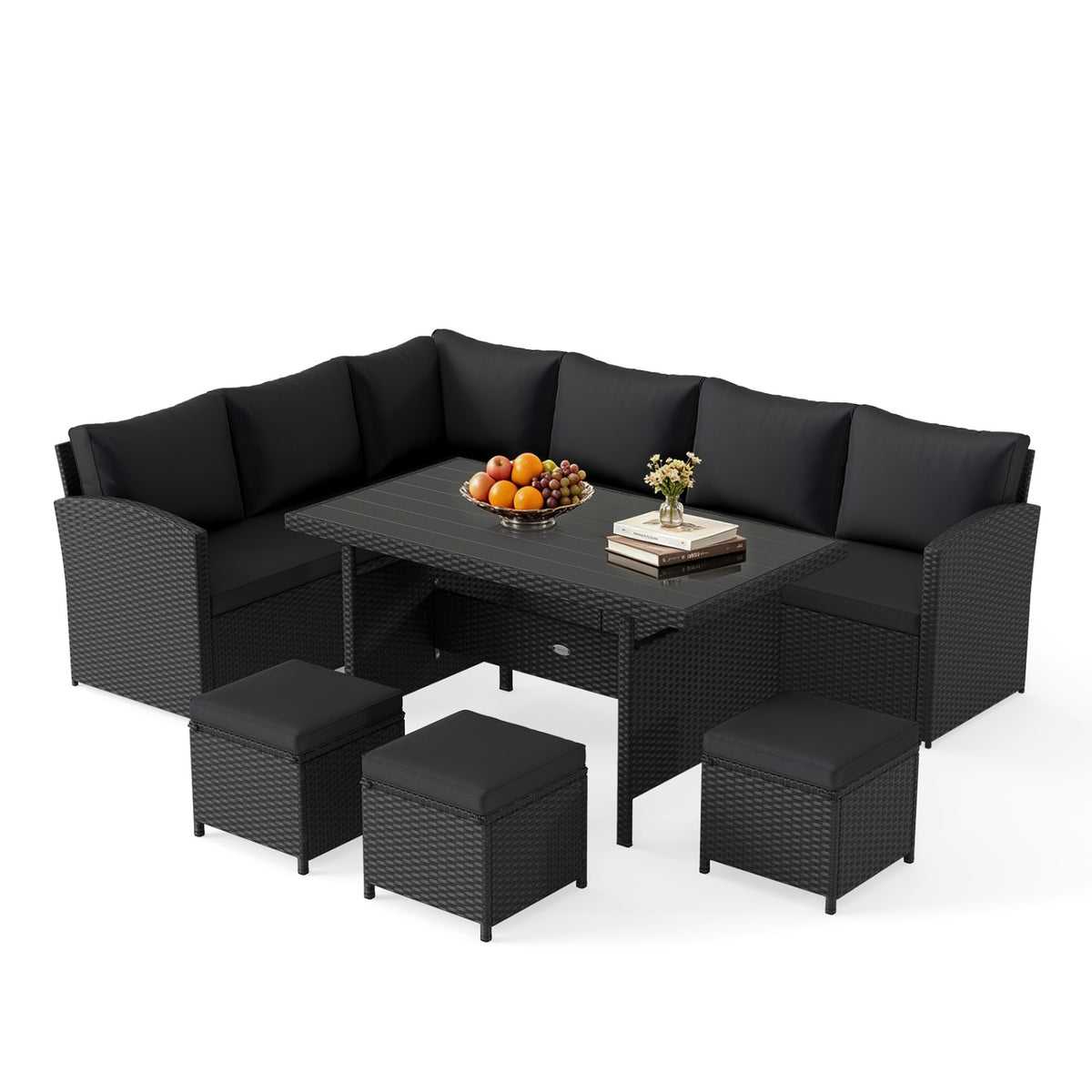7 Pieces Outdoor Wicker Sectional Sofa Set, Black
