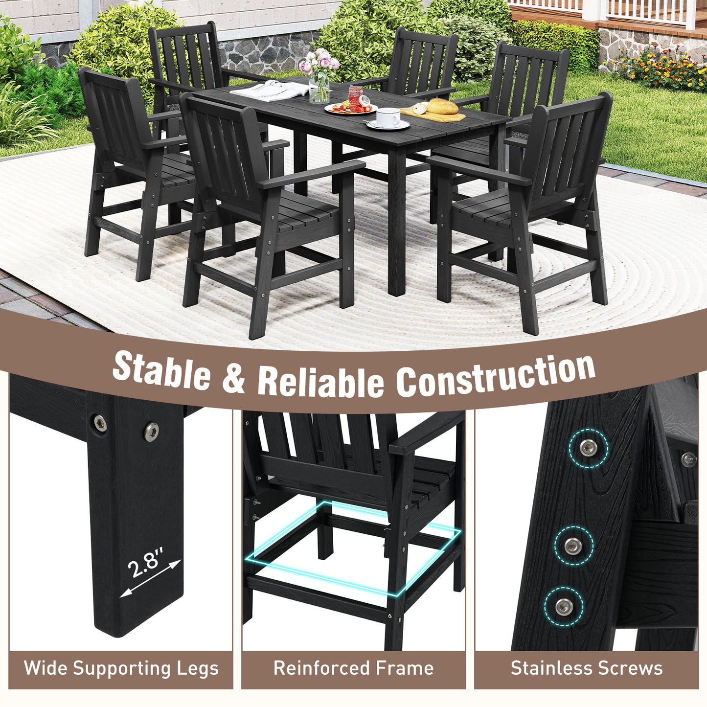 7 Piece Patio Dining Set, Outdoor HDPE Weather Resistant, Black Patio Dining Sets at Gallery Canada