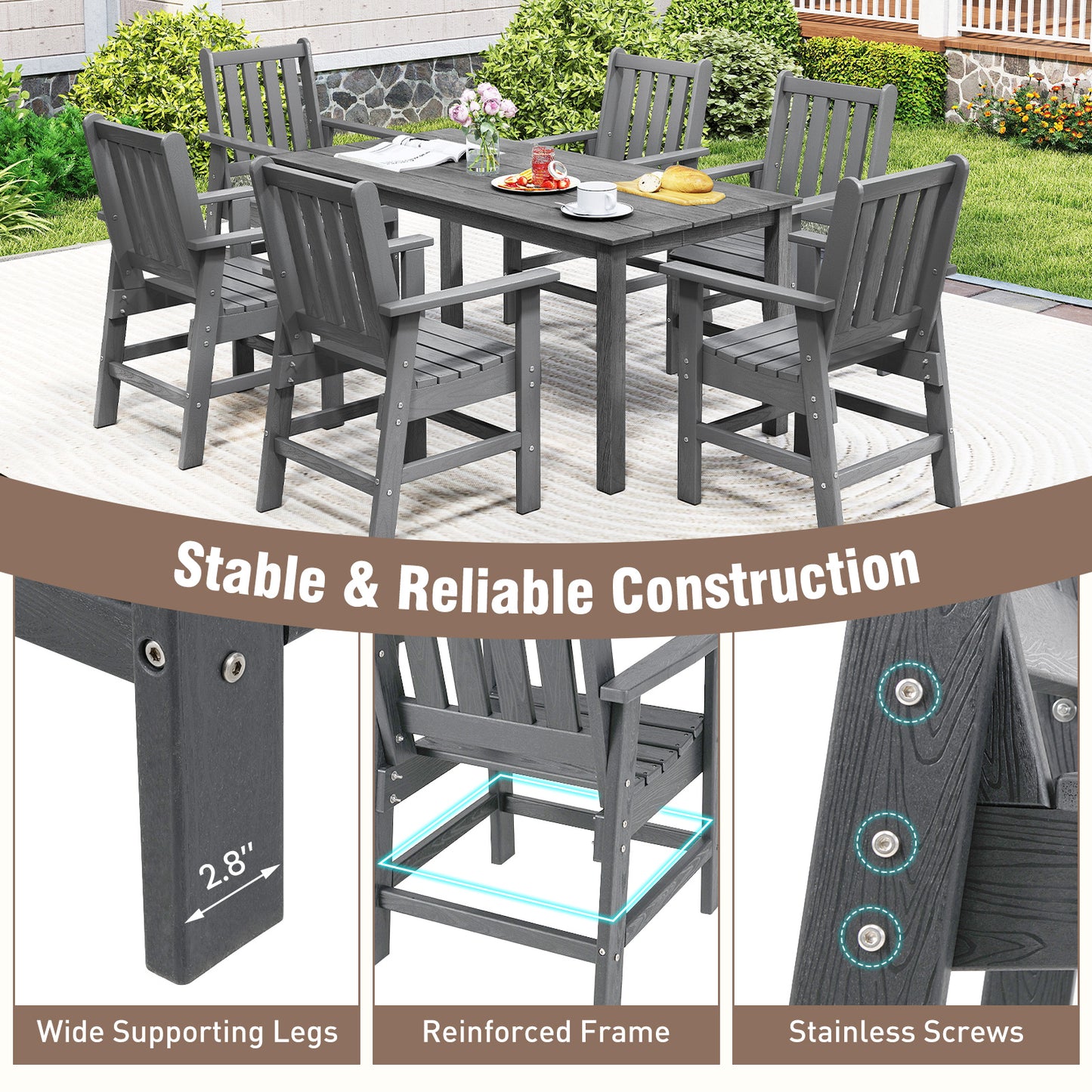 7 Piece Patio Dining Set, HDPE Weather Resistant, Table and Chairs, Gray Patio Dining Sets at Gallery Canada