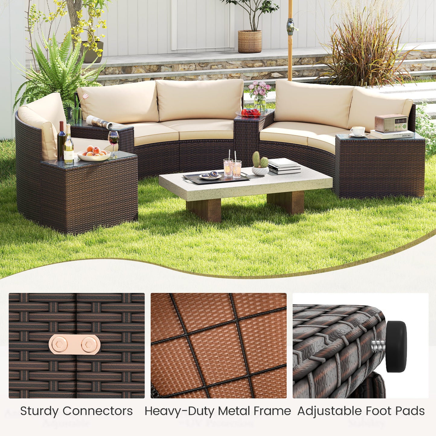 7-Piece Patio Furniture Set, PE Rattan Half-Moon Sofa, Brown