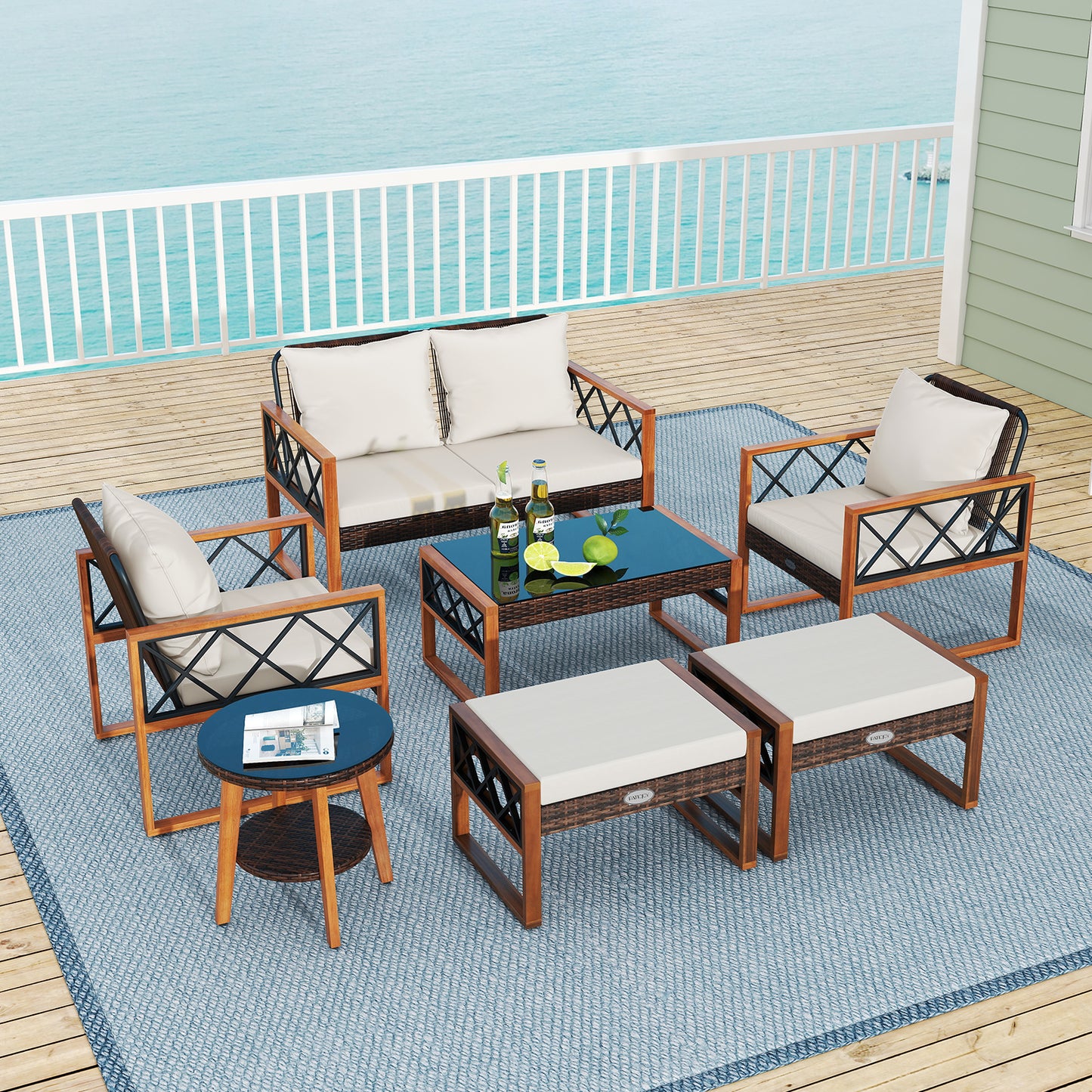 7 Piece Patio Furniture Set, PE Wicker Acacia Wood, Outdoor Conversation Set Patio Conversation Sets at Gallery Canada