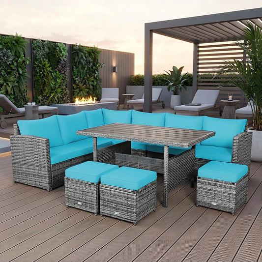 7-Piece Rattan Patio Dining Set, Sectional Sofa, Turquoise Outdoor Sectionals Turquoise at Gallery Canada