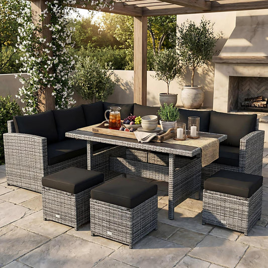 7-Piece Patio Rattan Dining Set, Sectional Sofa, Wicker Ottoman, Black Outdoor Sectionals Black at Gallery Canada