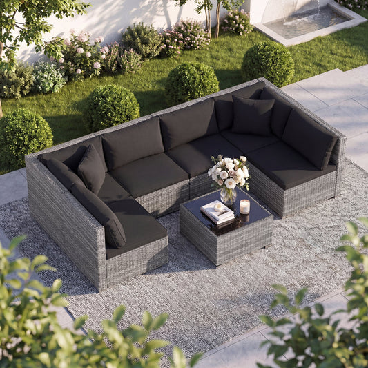 7 Piece Patio Rattan Furniture Set, Sectional Sofa, Black Outdoor Sectionals Black at Gallery Canada