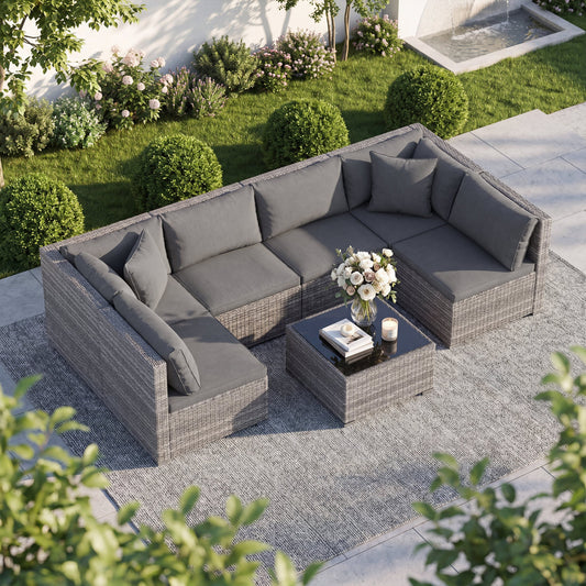 7-Piece Patio Rattan Furniture Set, Sectional Sofa, Gray Outdoor Sectionals Gray at Gallery Canada
