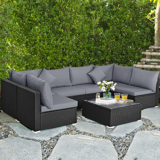 7-Piece Wicker Sectional Sofa Set With Tempered Glass Coffee Table, Gray Outdoor Sectionals Gray at Gallery Canada