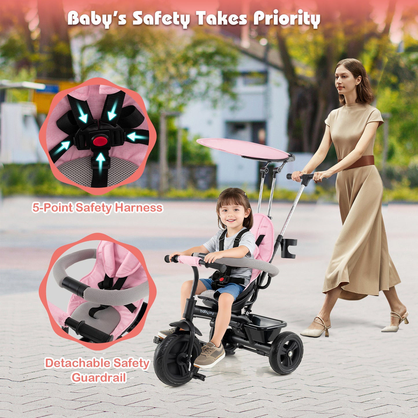 7-In-1 Baby Stroller Tricycle, Adjustable Canopy, Foldable Footrests, Ages 9-60 Months, Pink Baby Strollers at Gallery Canada