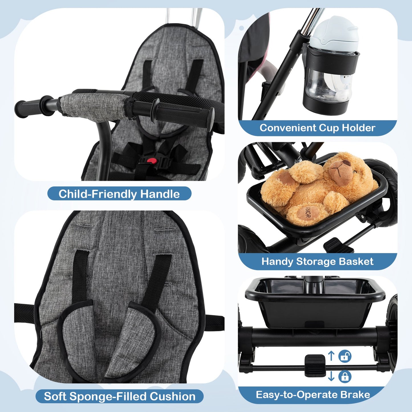 7-in-1 Baby Stroller Tricycle with Adjustable Canopy and Foldable Footrests for Ages 9-60 Months Old, Gray Baby Strollers at Gallery Canada