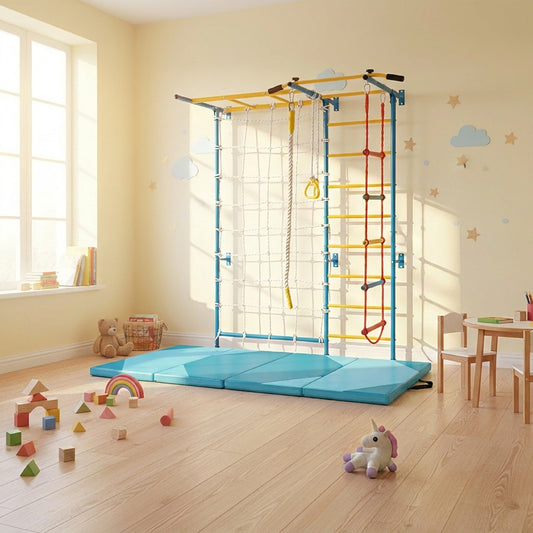7-In-1 Swedish Ladder With Folding Gymnastics Mat, Blue Climbers & Slides Blue at Gallery Canada