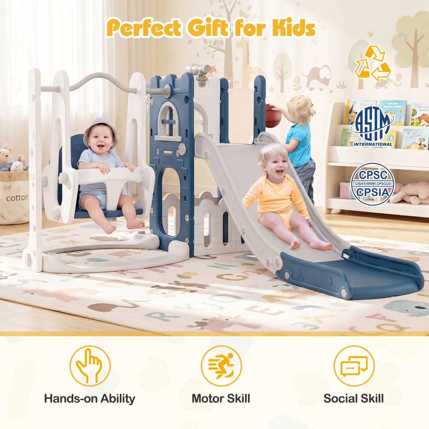 7-in-1 Toddler Swing and Slide Set L-shaped with Ladder and Basketball Hoop, Blue Climbers & Slides at Gallery Canada