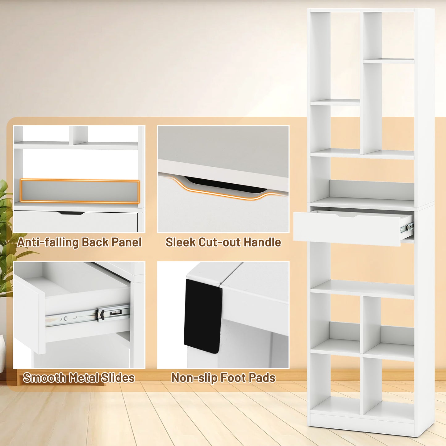 7-Tier Bookshelf With Drawer, 180cm, Floor Standing Display Rack, White Bookcases at Gallery Canada