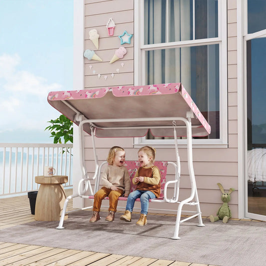 Kids Porch Swing, 2-Seater Bench With Safety Belts, Adjustable Canopy, Pink Gym Sets & Swings Pink, White at Gallery Canada