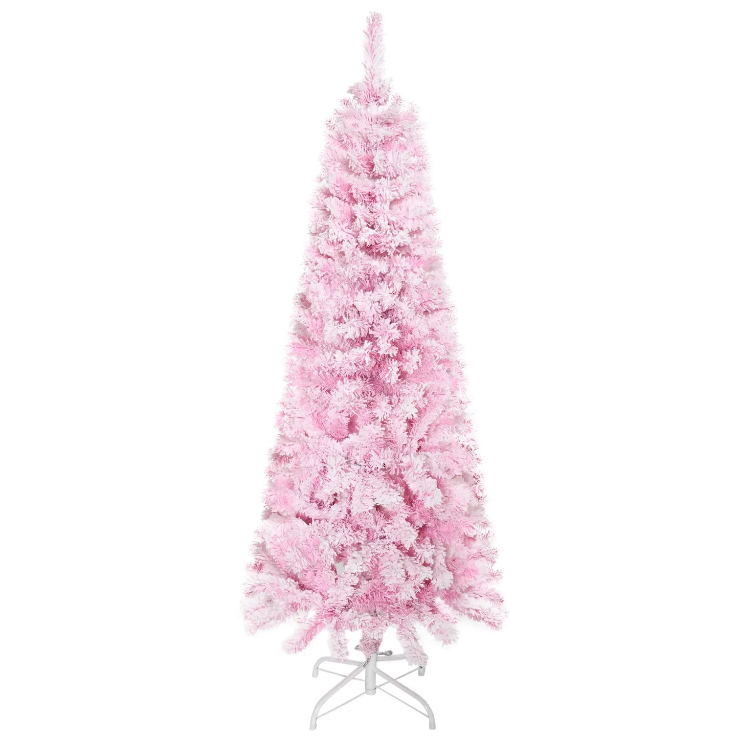 5 FT Snow Flocked Artificial Christmas Tree, Pencil Xmas Tree, Steel Base, Pink Artificial Christmas Trees at Gallery Canada