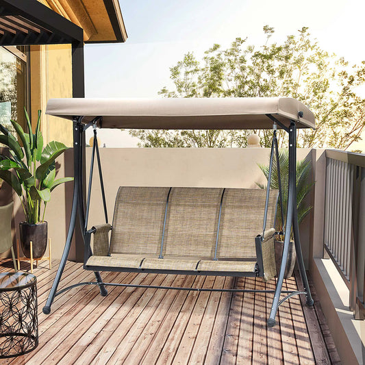 3 Person Porch Swing, High Back, Side Pouches, Adjustable Canopy, Brown Patio Swings with Stand Brown, Black at Gallery Canada