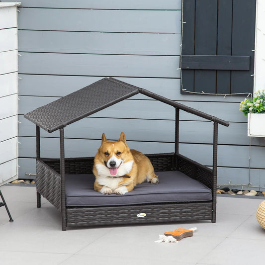 Wicker Pet House, Dog Bed, Indoor Outdoor Rattan Furniture with Cushion Houses, Kennels & Pens Grey at Gallery Canada