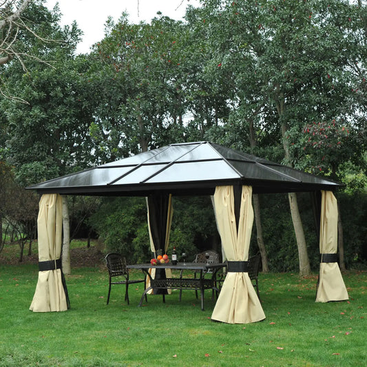 12' x 14' Hard Top Patio Gazebo, Aluminum Shelter, Curtains, Mosquito Netting Gazebos Brownish black frame, Dark brown roof, Beige curtain, black netting at Gallery Canada
