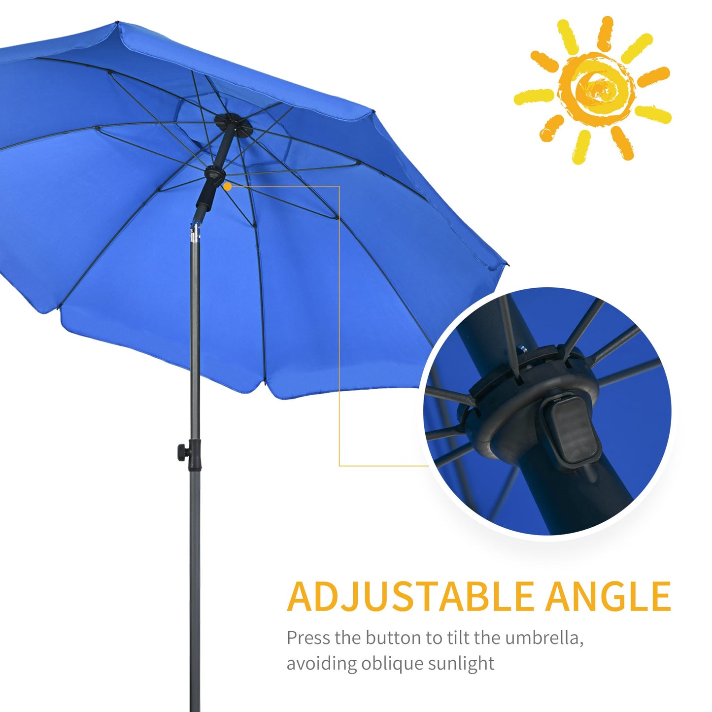 6ft Beach Umbrella, Outdoor Sun Shade Parasol with Push Button Tilt, Ruffled UV50+ Vented Canopy, Blue at Gallery Canada