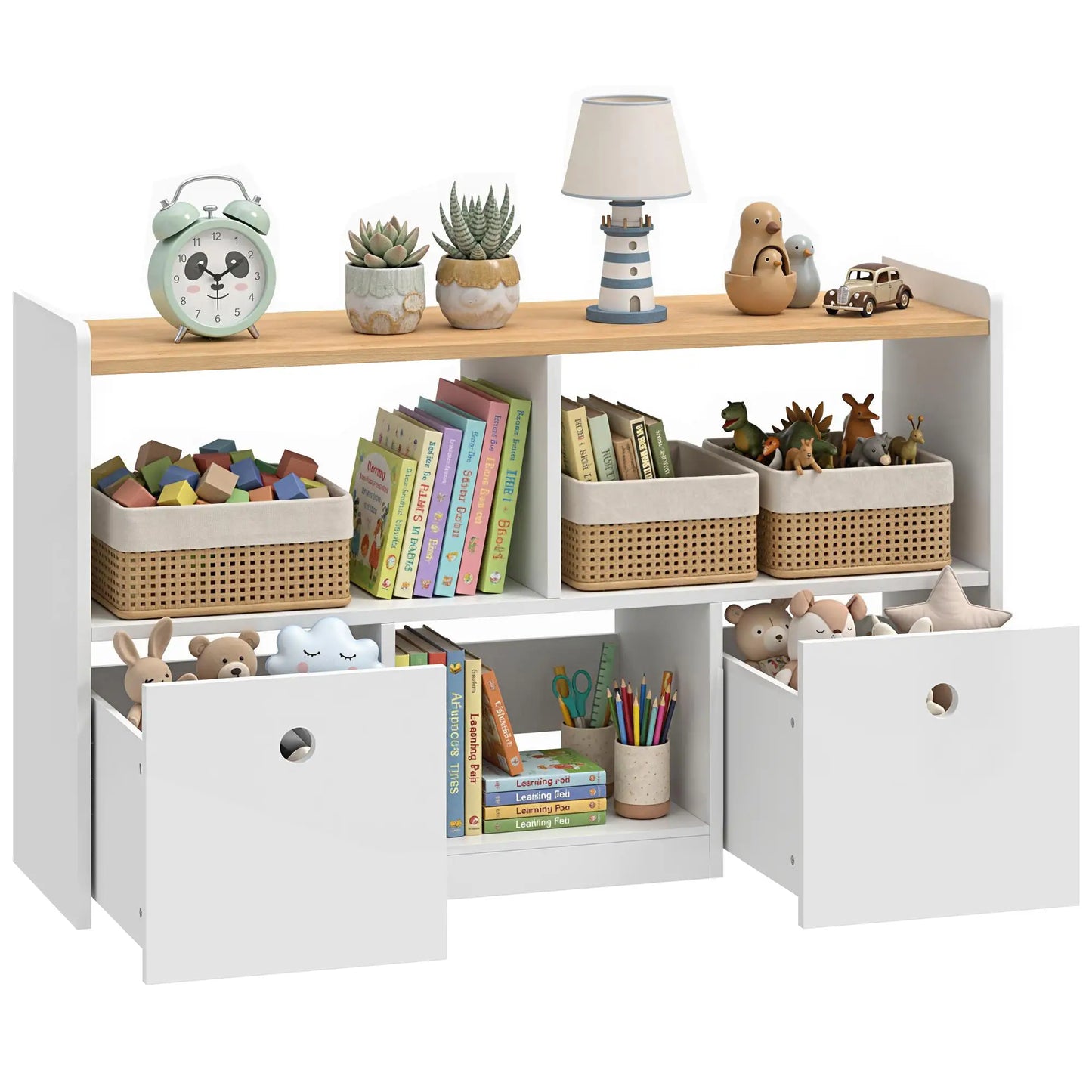Toy Storage Organizer, 2 Drawers 3 Cubbies, White