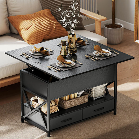 Modern Lift Top Coffee Table, Fabric Drawers, Hidden Storage, Distressed Black Coffee Tables Distressed Black at Gallery Canada