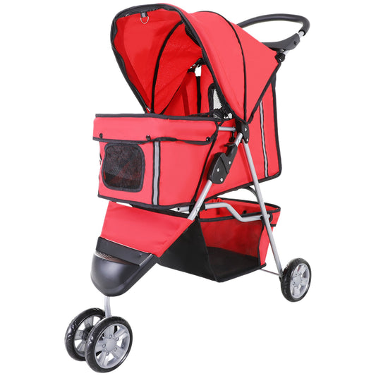 Deluxe 3 Wheels Pet Stroller Foldable Dog Cat Carrier Strolling Jogger with Brake, Canopy, Cup Holders and Bottom Storage Space (Red) - Gallery Canada