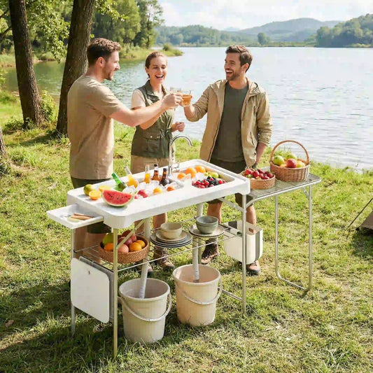 Folding Portable Camping Sink, Side Shelf, Bottom Rack, White Picnic Tables & Camping Chairs White at Gallery Canada