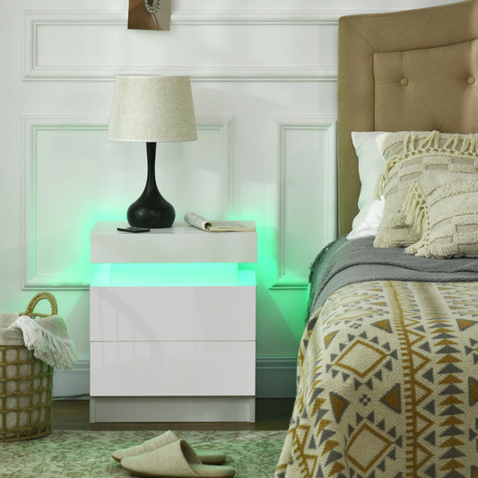 Nightstand with LED Lights, 2 Drawers, White Bedside Tables White at Gallery Canada