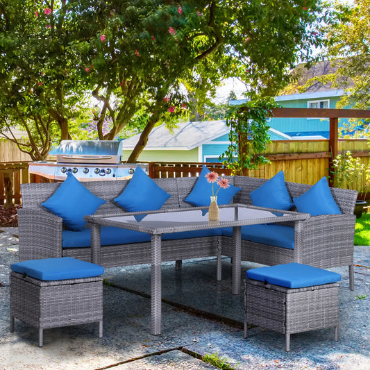 5-Piece Wicker Patio Set, Table, Ottomans, Bright Blue, Blue