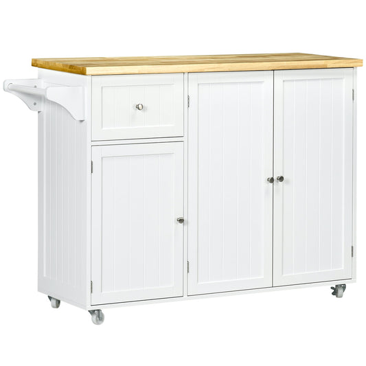 Rolling Kitchen Island on Wheels, Utility Serving Cart with Rubber Wood Top, Towel Rack, Storage Cabinets and Drawer, White - Gallery Canada