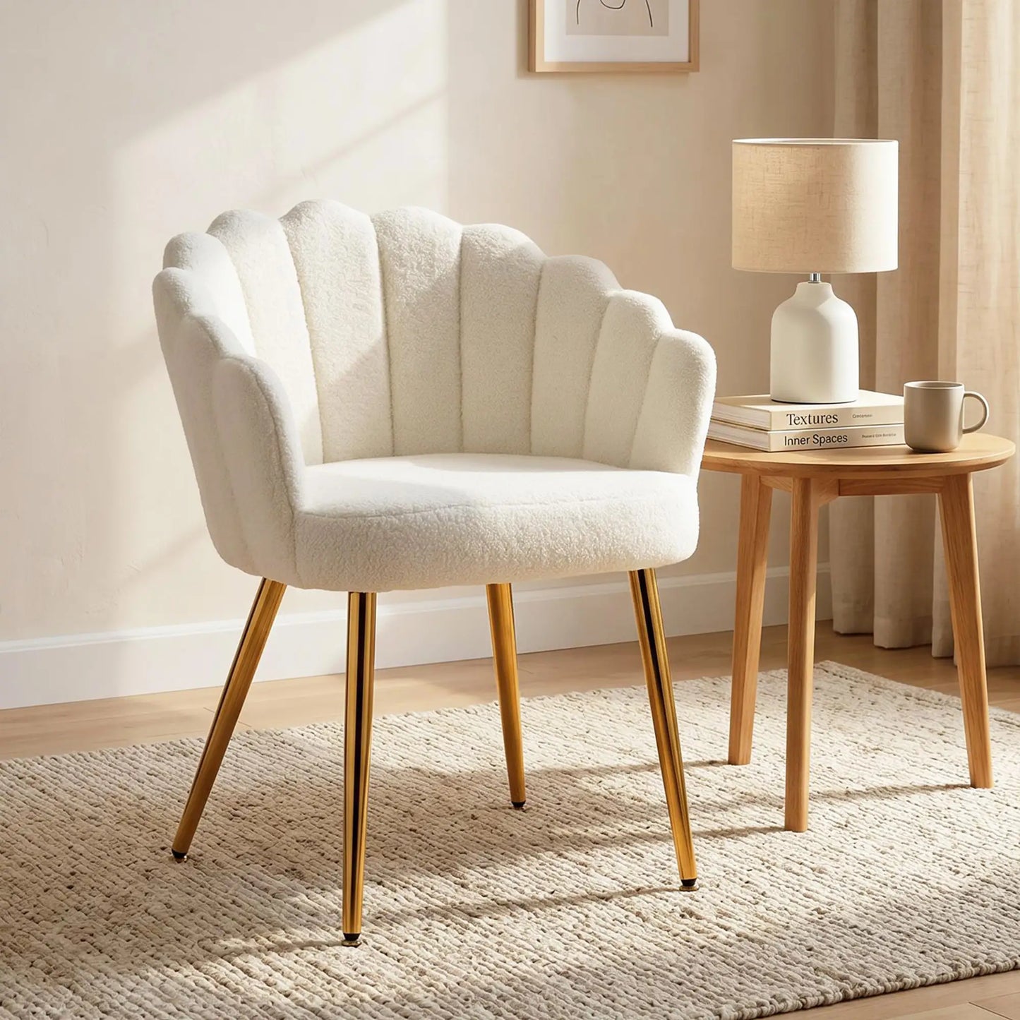 Accent Chair Petal-Back Design Modern Living Room Chair with Metal Legs Cream