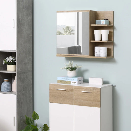 Armoire à pharmacie avec miroir, murale, 3 étagères ouvertes, naturelle