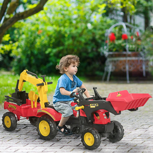 3 in 1 Kids Ride On Excavator Toy, 6 Wheels, Bulldozer with Trailer Toy Excavators Red at Gallery Canada