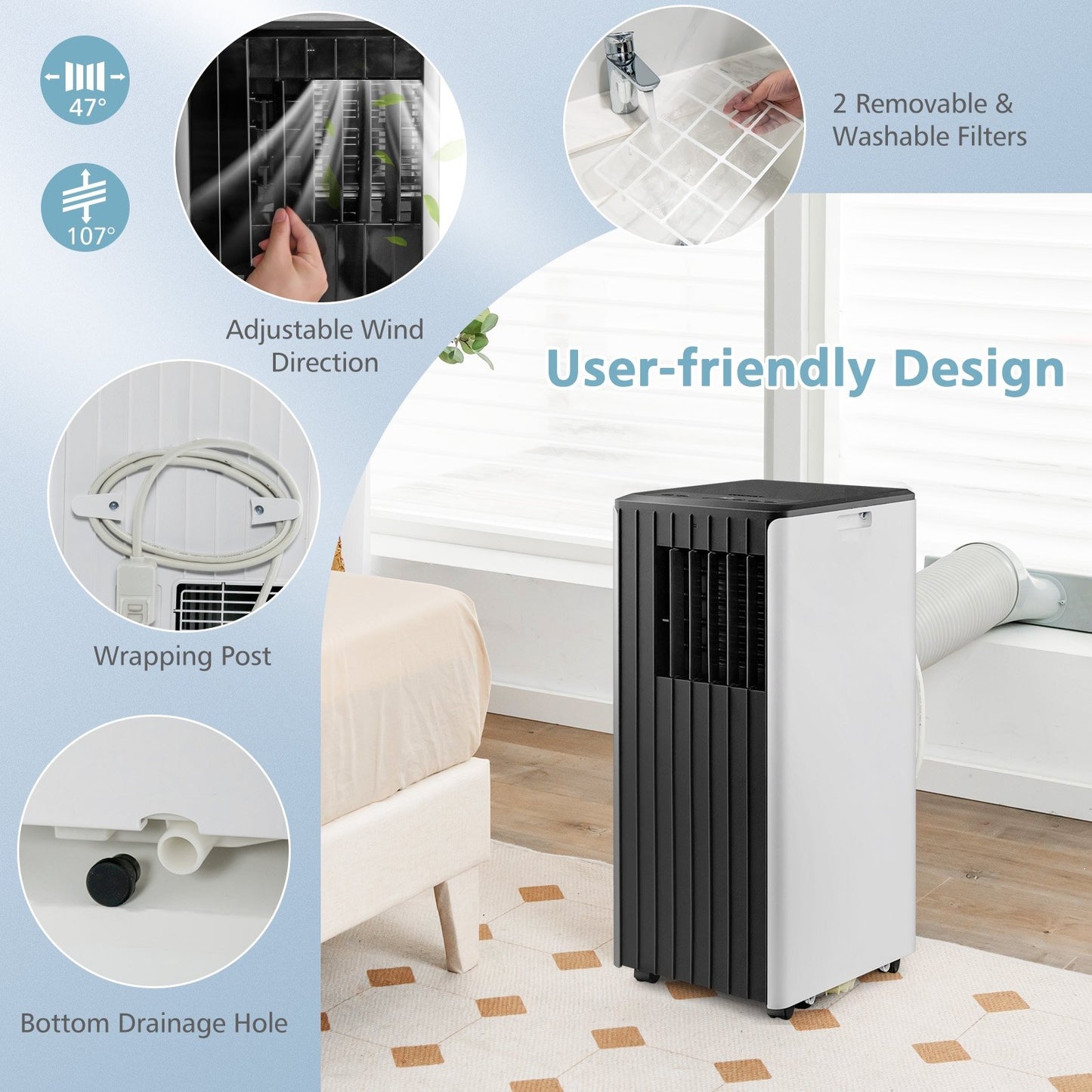 8000 BTU Portable Air Conditioner with Cool Humidifier and Sleep Mode, Black & White