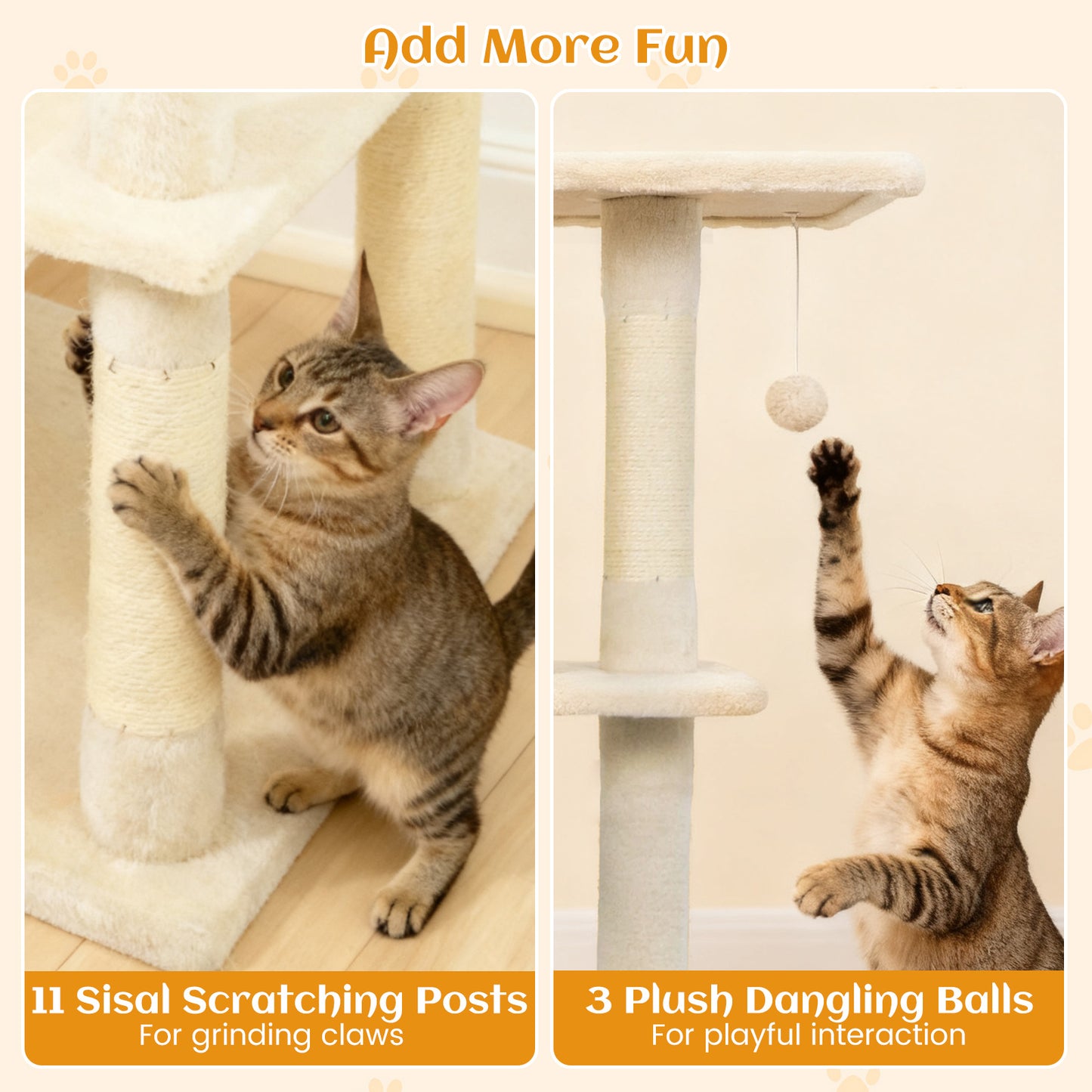 80 Inches Tall Cat Tree with 2 Large Condos and Dangling Toys, Beige Cat Trees Condos & Scratchers at Gallery Canada