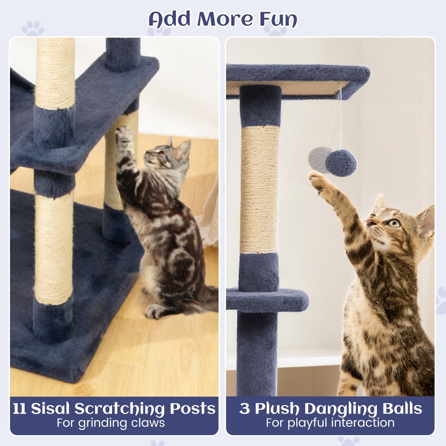 80 Inches Tall Cat Tree with 2 Large Condos and Dangling Toys, Dark Gray Cat Trees Condos & Scratchers at Gallery Canada