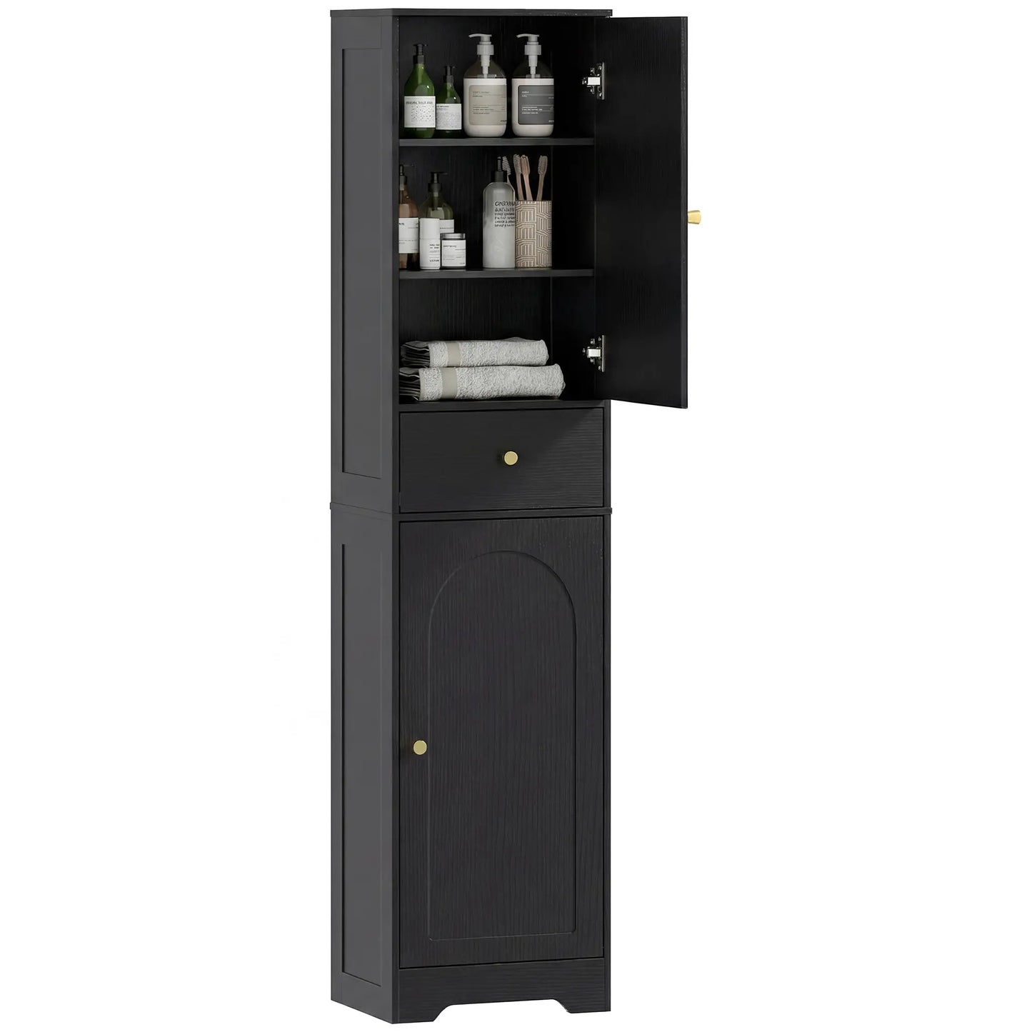 67" Tall Bathroom Cabinet, 2 Doors, Drawer, Adjustable Shelf, Black Wood Grain, Black Freestanding Bathroom Cabinets at Gallery Canada